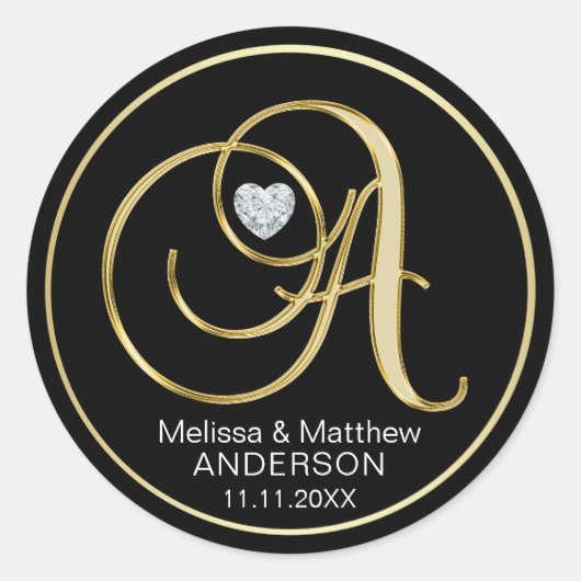 黒エレガント金ゴールドモノグラム文字Aハートダイヤモンド ラウンドシール (正面)