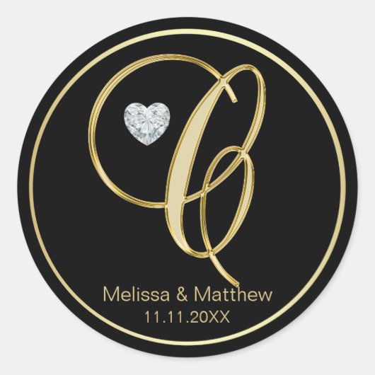黒エレガント金ゴールドモノグラム文字Cハートダイヤモンド ラウンドシール (正面)