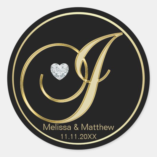 黒エレガント金ゴールドモノグラム文字Jハートダイヤモンド ラウンドシール (正面)