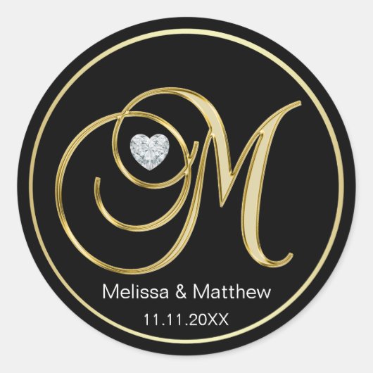 黒エレガント金ゴールドモノグラム文字Mハートダイヤモンド ラウンドシール (正面)