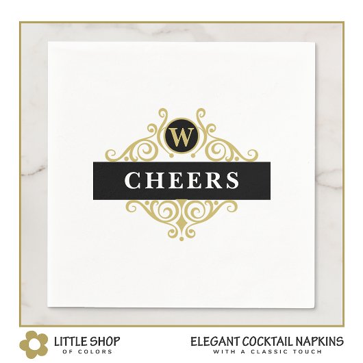 黒エレガント金ゴールドモノグラム スタンダードカクテルナプキン
