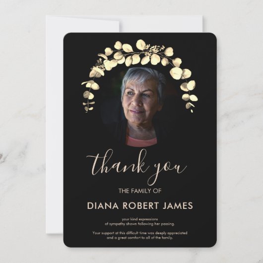 黒エレガント金ゴールドユーカリ写真悔やみや弔慰 サンキューカード (正面)