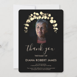 黒エレガント金ゴールドユーカリ写真悔やみや弔慰 サンキューカード