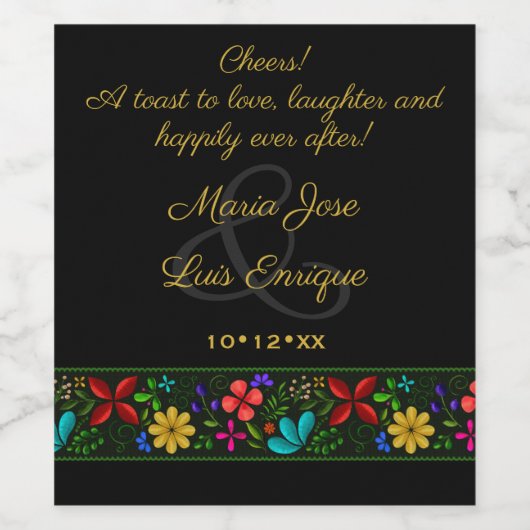 黒エレガント金ゴールドラテンアメリカフローラ結婚ズ ワインラベル (シングルラベル)