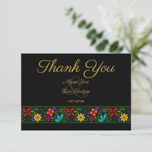 黒エレガント金ゴールドラテンフォーク結婚フローラ サンキューカード (スタンド正面)