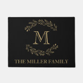 黒エレガント金ゴールドリースファミリー名モノグラム ドアマット (正面)