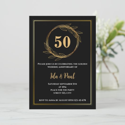 黒エレガント金ゴールドリーフ50結婚周年 招待状 (スタンド正面)