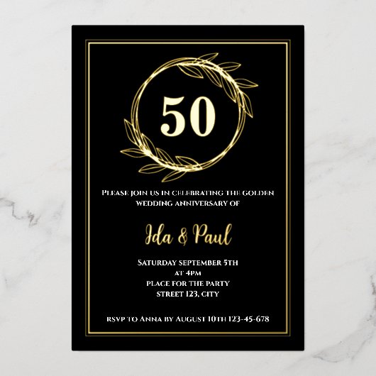 黒エレガント金ゴールドリーフ50結婚周年 箔招待状 (正面)