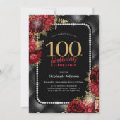 黒エレガント金ゴールドレッドフローラ100th誕生日パーティー 招待状 (正面)