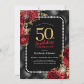 黒エレガント金ゴールドレッドフローラ50th誕生日パーティー 招待状 (正面)