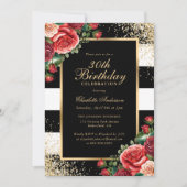 黒エレガント金ゴールドレッドローズフローラ30歳の誕生日 招待状 (正面)