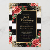 黒エレガント金ゴールドレッドローズフローラ30歳の誕生日 招待状 (正面/裏面)