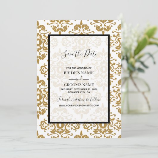 黒エレガント金ゴールドヴィンテージ結婚式の日付を保存 セーブザデート (スタンド正面)