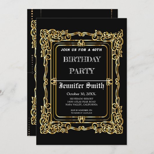 黒エレガント金ゴールドヴィンテージ40歳の誕生日の招待 招待状 (正面/裏面)