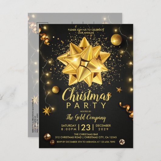 黒エレガント金ゴールド企業のクリスマス インビテーションポストカード (正面/裏面)
