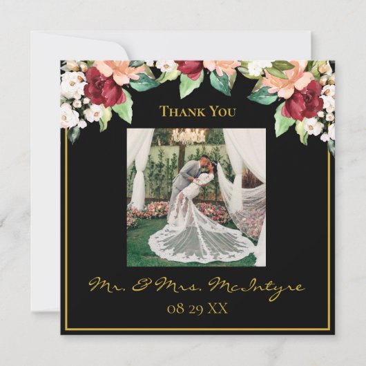 黒エレガント金ゴールド写真ブルゴーニュフローラ写真 サンキューカード (正面)