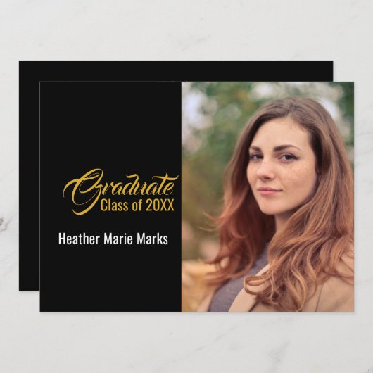 黒エレガント金ゴールド写真卒業お祝い 招待状 (正面/裏面)