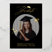 黒エレガント金ゴールド写真卒業のお知らせ 箔招待状 (正面)
