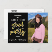 黒エレガント金ゴールド写真卒業パーティー招待状 インビテーションポストカード (正面/裏面)