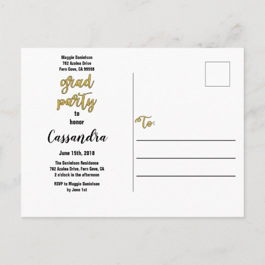 黒エレガント金ゴールド写真卒業パーティー招待状 インビテーションポストカード (裏面)