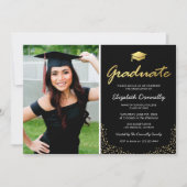 黒エレガント金ゴールド写真卒業パーティー 招待状 (正面)