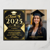 黒エレガント金ゴールド写真卒業パーティー 箔招待状 (正面)