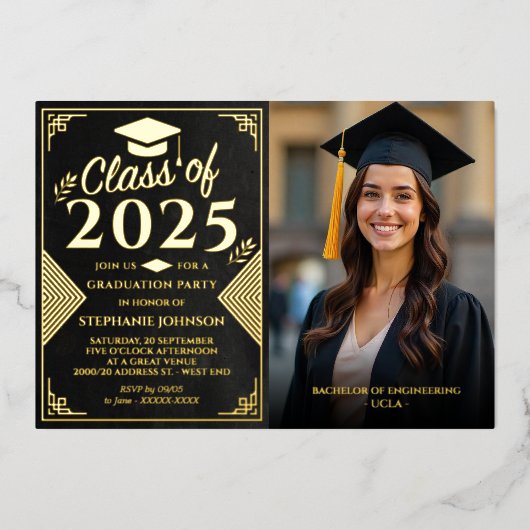 黒エレガント金ゴールド写真卒業パーティー 箔招待状 (正面)
