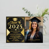 黒エレガント金ゴールド写真卒業パーティー 箔招待状 (立ち正面)