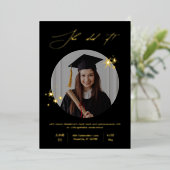 黒エレガント金ゴールド写真卒業パーティー 箔招待状 (立ち正面)