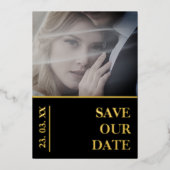 黒エレガント金ゴールド写真結婚式の日付を保存 箔シーズンカード (正面)