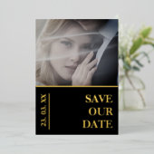 黒エレガント金ゴールド写真結婚式の日付を保存 箔シーズンカード (立ち正面)