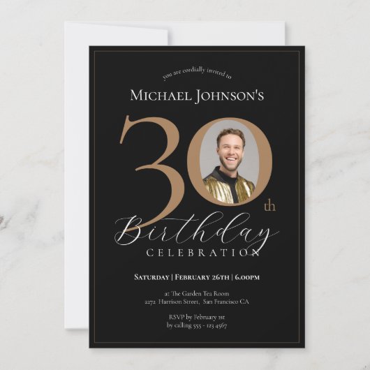 黒エレガント金ゴールド写真30歳の誕生日 招待状 (正面)