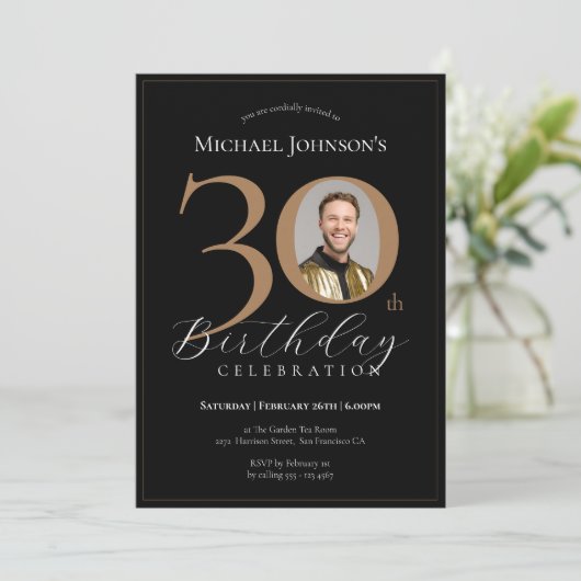 黒エレガント金ゴールド写真30歳の誕生日 招待状 (スタンド正面)
