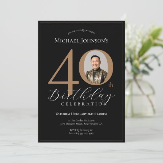 黒エレガント金ゴールド写真40歳の誕生日 招待状 (スタンド正面)