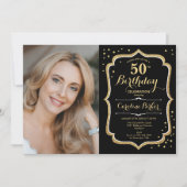 黒エレガント金ゴールド写真50誕生日 招待状 (正面)