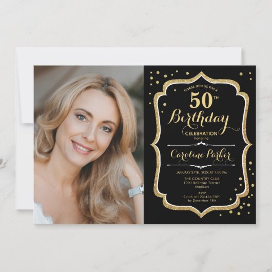 黒エレガント金ゴールド写真50誕生日 招待状 (正面)