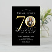 黒エレガント金ゴールド写真70誕生日 箔招待状 (立ち正面)