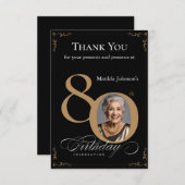 黒エレガント金ゴールド写真80th誕生日パーティー サンキューカード (正面/裏面)