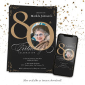 黒エレガント金ゴールド写真80th誕生日パーティー 招待状