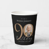 黒エレガント金ゴールド写真90誕生日 紙コップ (正面)
