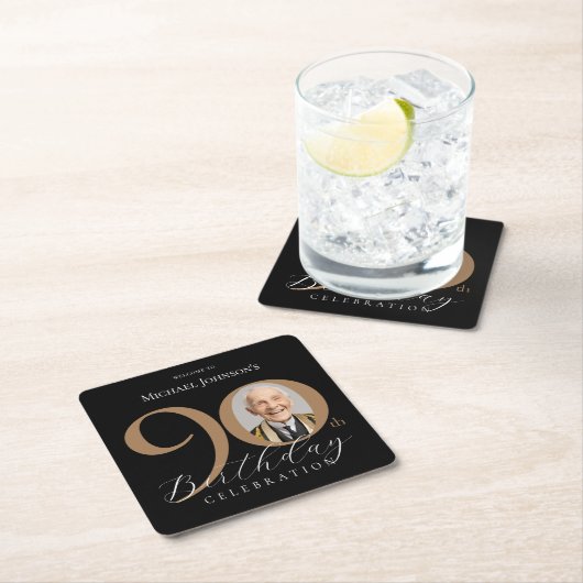 黒エレガント金ゴールド写真90th誕生日パーティー スクエアペーパーコースター (インサイチュ)
