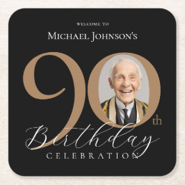 黒エレガント金ゴールド写真90th誕生日パーティー スクエアペーパーコースター