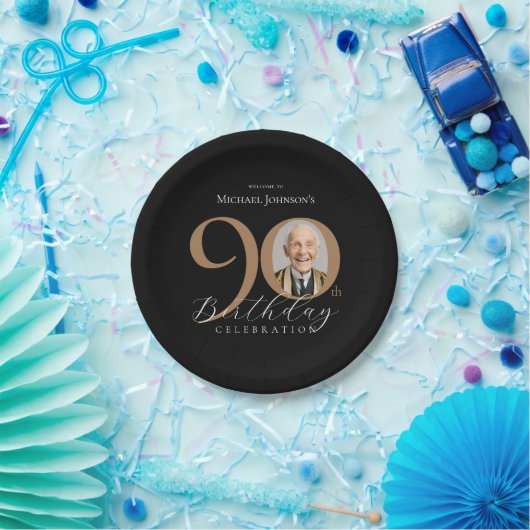 黒エレガント金ゴールド写真90th誕生日パーティー ペーパープレート (パーティー)
