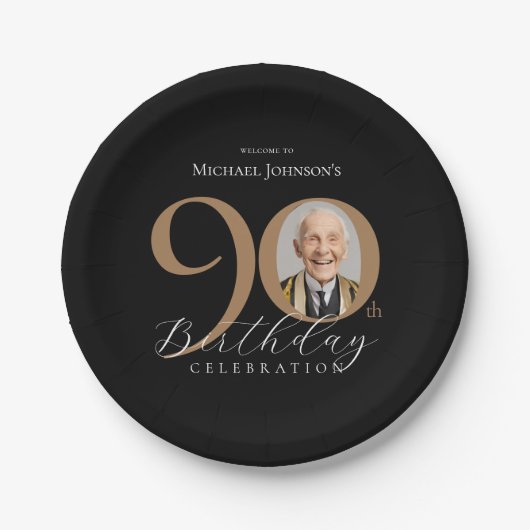黒エレガント金ゴールド写真90th誕生日パーティー ペーパープレート (正面)