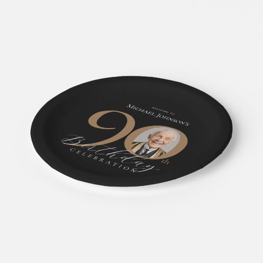 黒エレガント金ゴールド写真90th誕生日パーティー ペーパープレート (アングル)