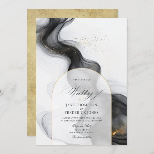 黒エレガント金ゴールド大理石インキ結婚ズ 招待状 (正面/裏面)