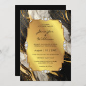 黒エレガント金ゴールド大理石ダイヤ結婚ンズ 招待状 (正面/裏面)