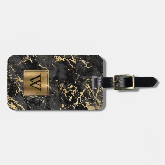 黒エレガント金ゴールド大理石モノグラム垂直 ラゲッジタグ (正面横)
