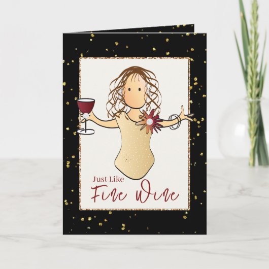 黒エレガント金ゴールド女性漫画ワイン誕生日 カード (正面)