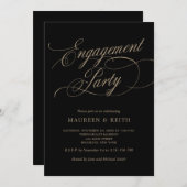 黒エレガント金ゴールド婚約パーティ 招待状 (正面/裏面)